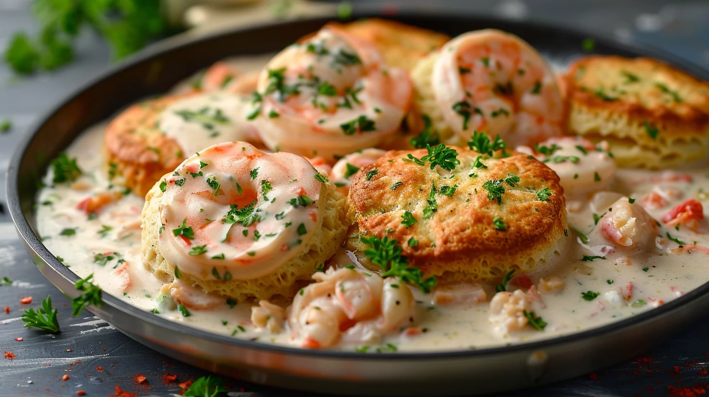Creamy Shrimp and Crab Alfredo Biscuit Skillet