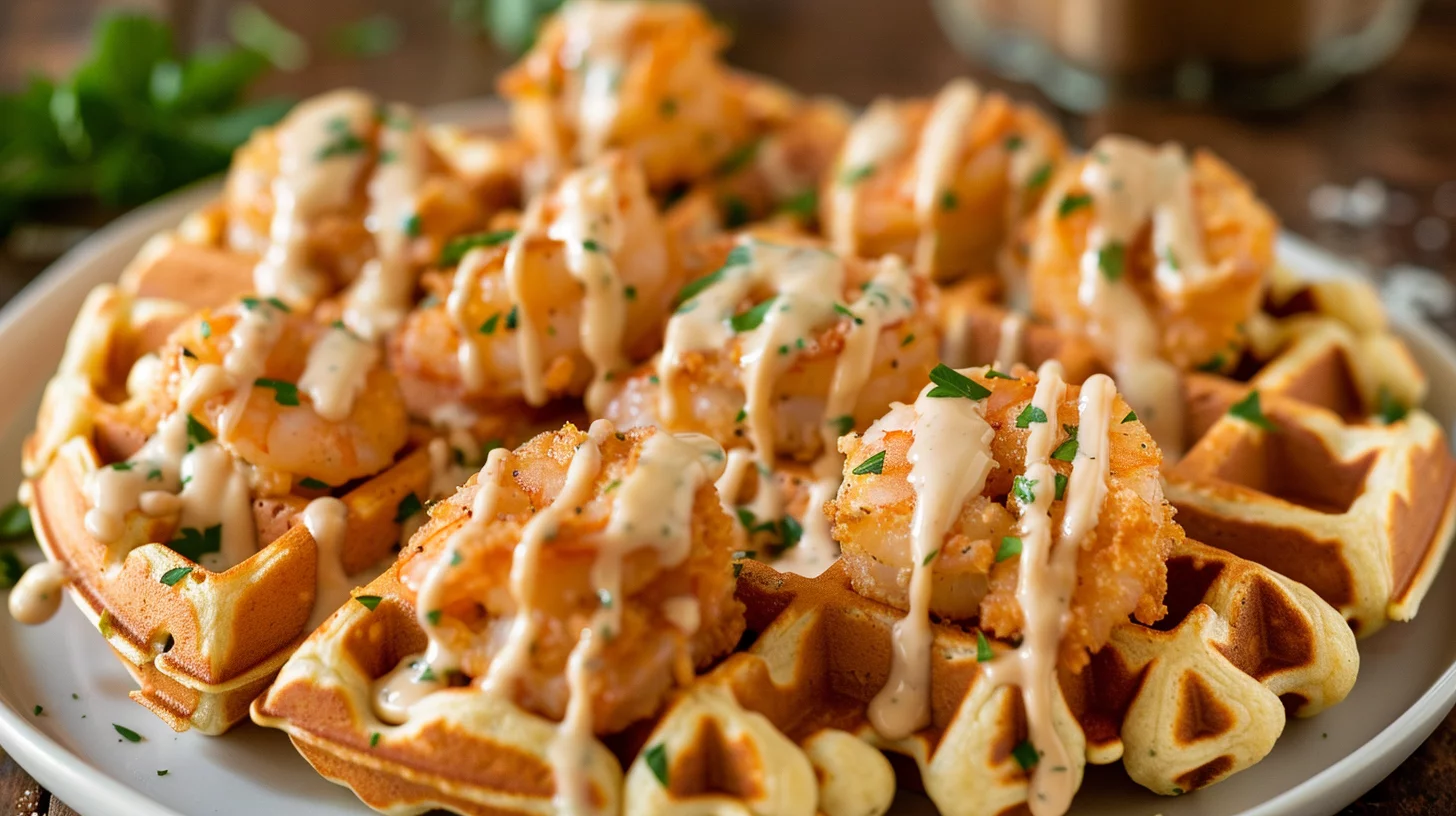 Crispy Shrimp Alfredo Waffle Bombs