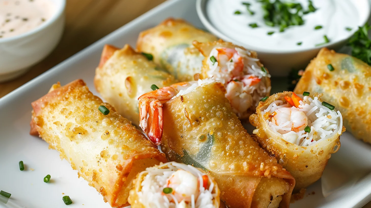Crispy Shrimp and Crab Cheese Bomb Spring Rolls With Garlic Dip
