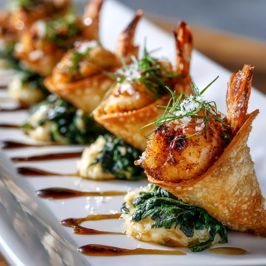 Crispy Shrimp and Crab Spinach Dip Cone Bombs