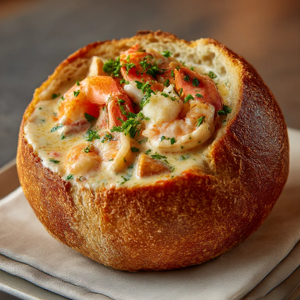 Crusty Bread Bowl With Rich Seafood Soup