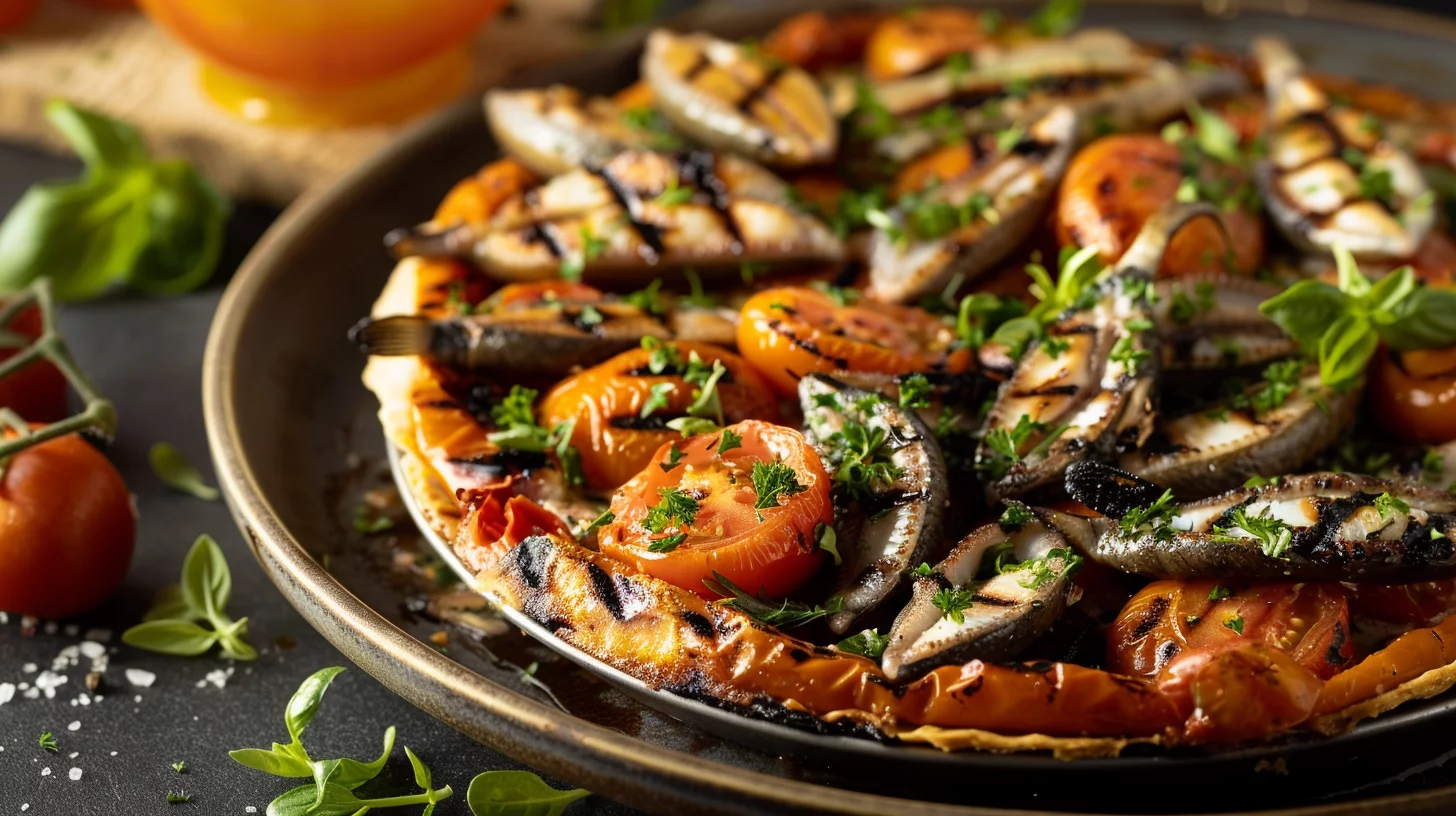 Grilled Sardines and Anchovytomato Pie