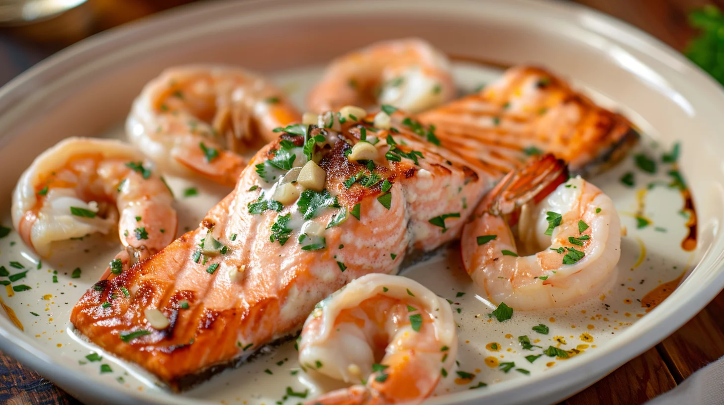 Salmon and Shrimp With Creamy Garlic Sauce