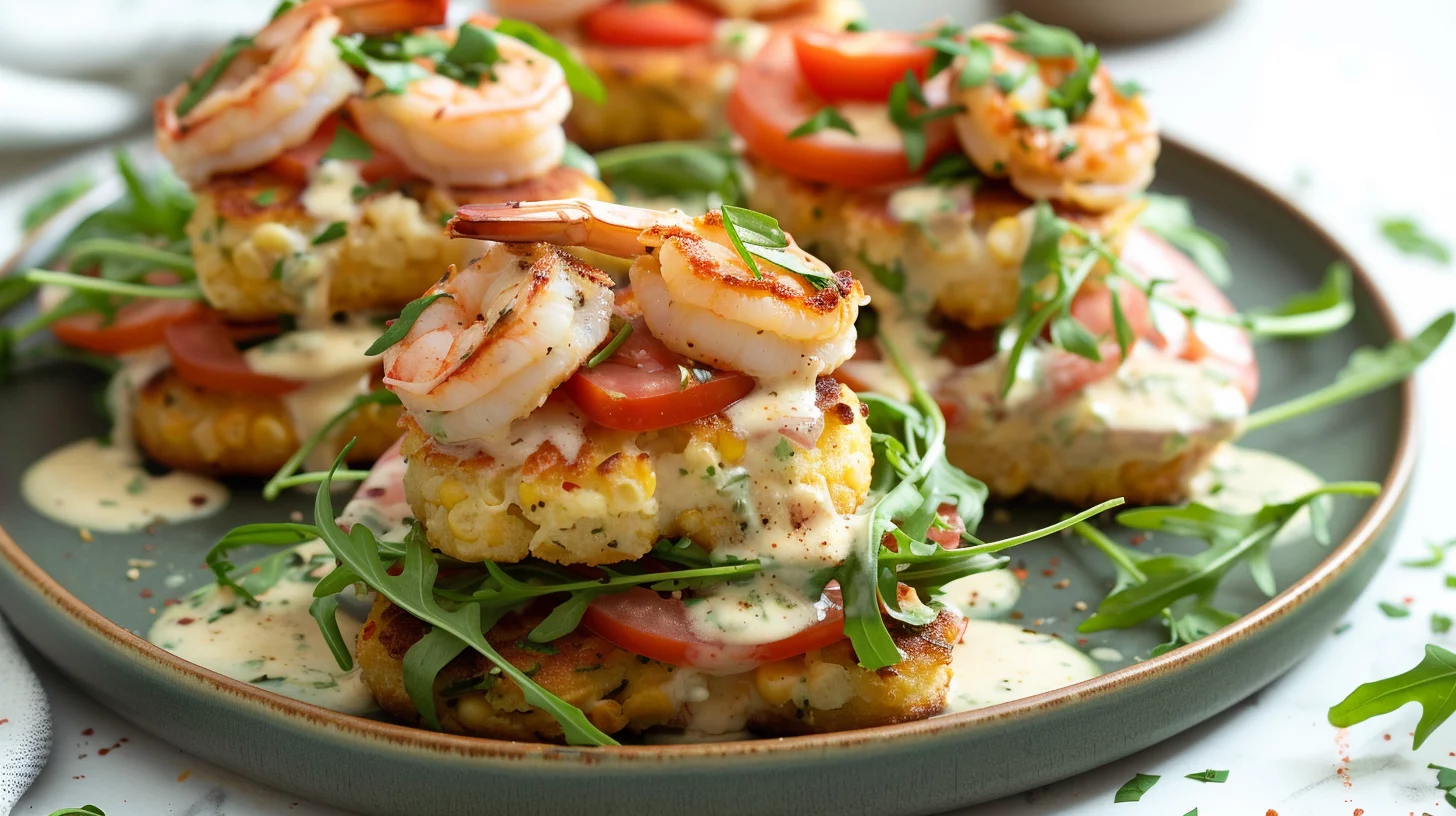 Shrimp Alfredo Corn Cake Sliders With Garlic Cream Sauce