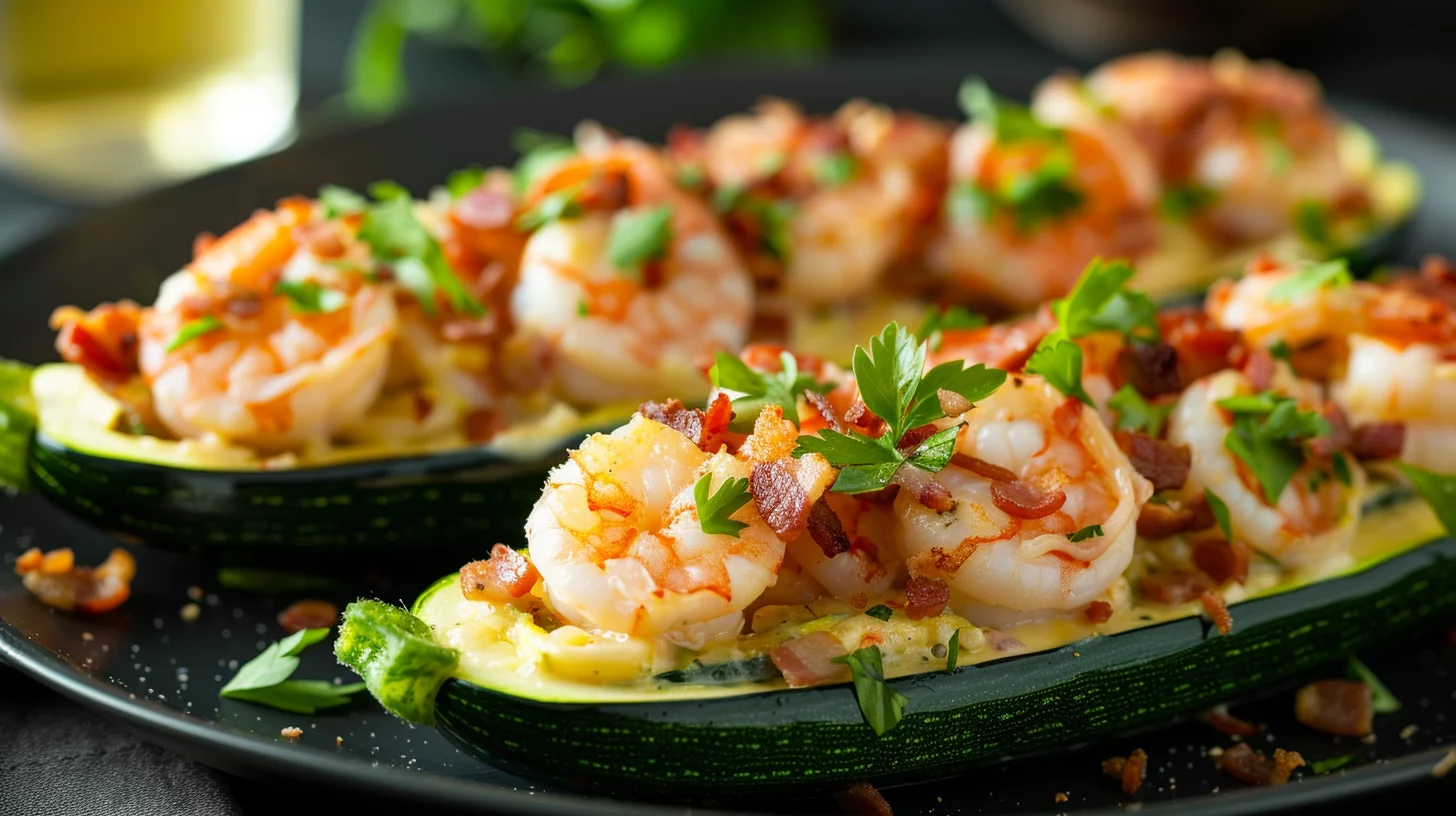 Shrimp and Bacon Carbonara Stuffed Zucchini Boats