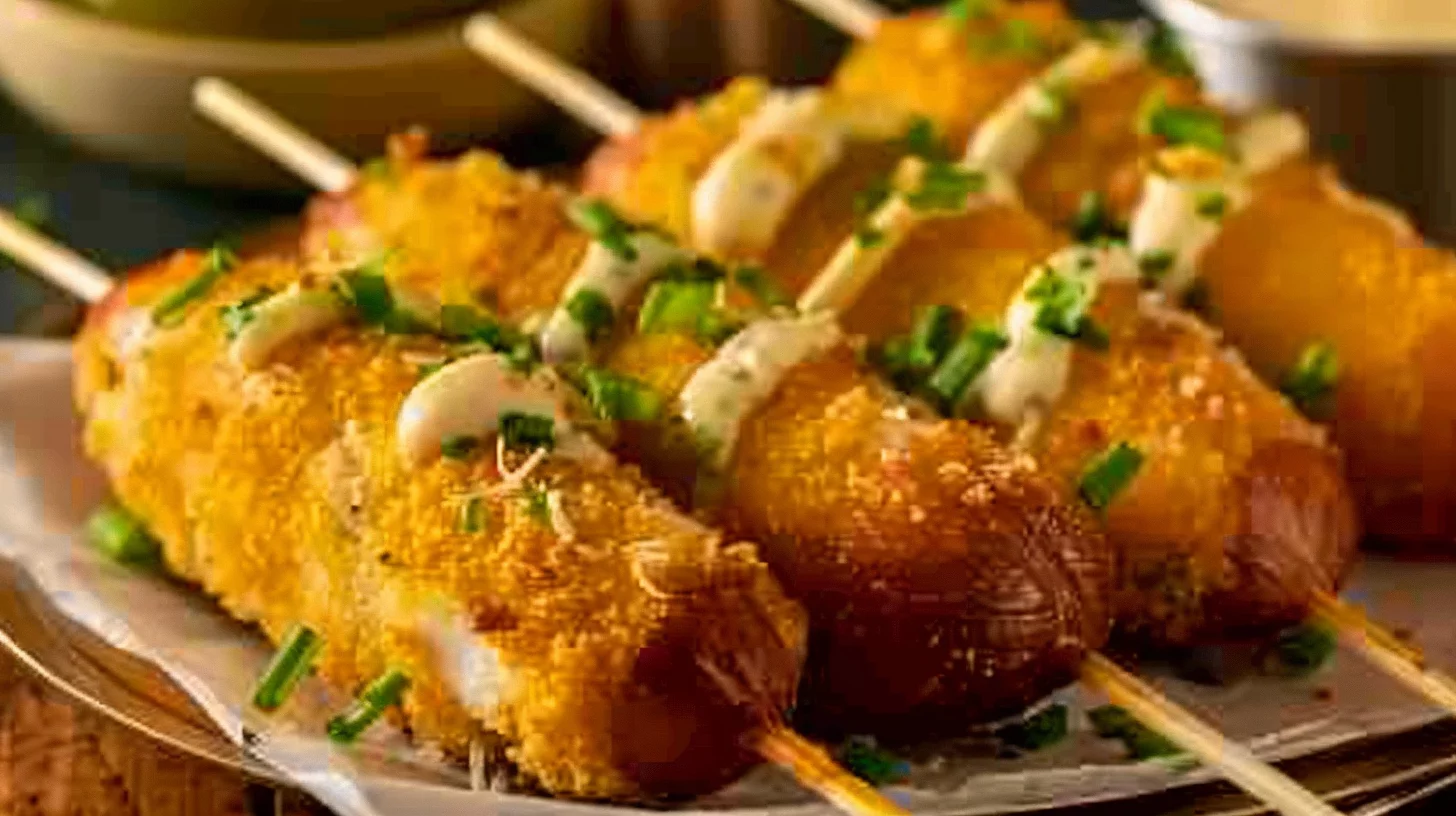 Shrimp and Crab-stuffed Corn Dogs With Alfredo Dip