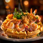 Shrimp Bacon Mac Bomb-stuffed Waffles