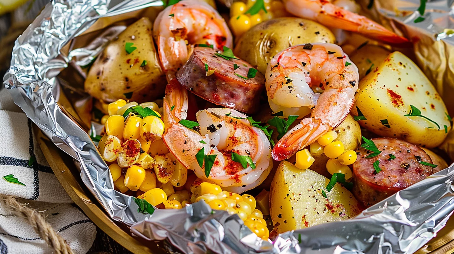 Shrimp Corn Potatoes and Smoked Sausage Foil Pack