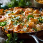 Shrimp Nacho Skillet Swirls With Triple Cheese Topping
