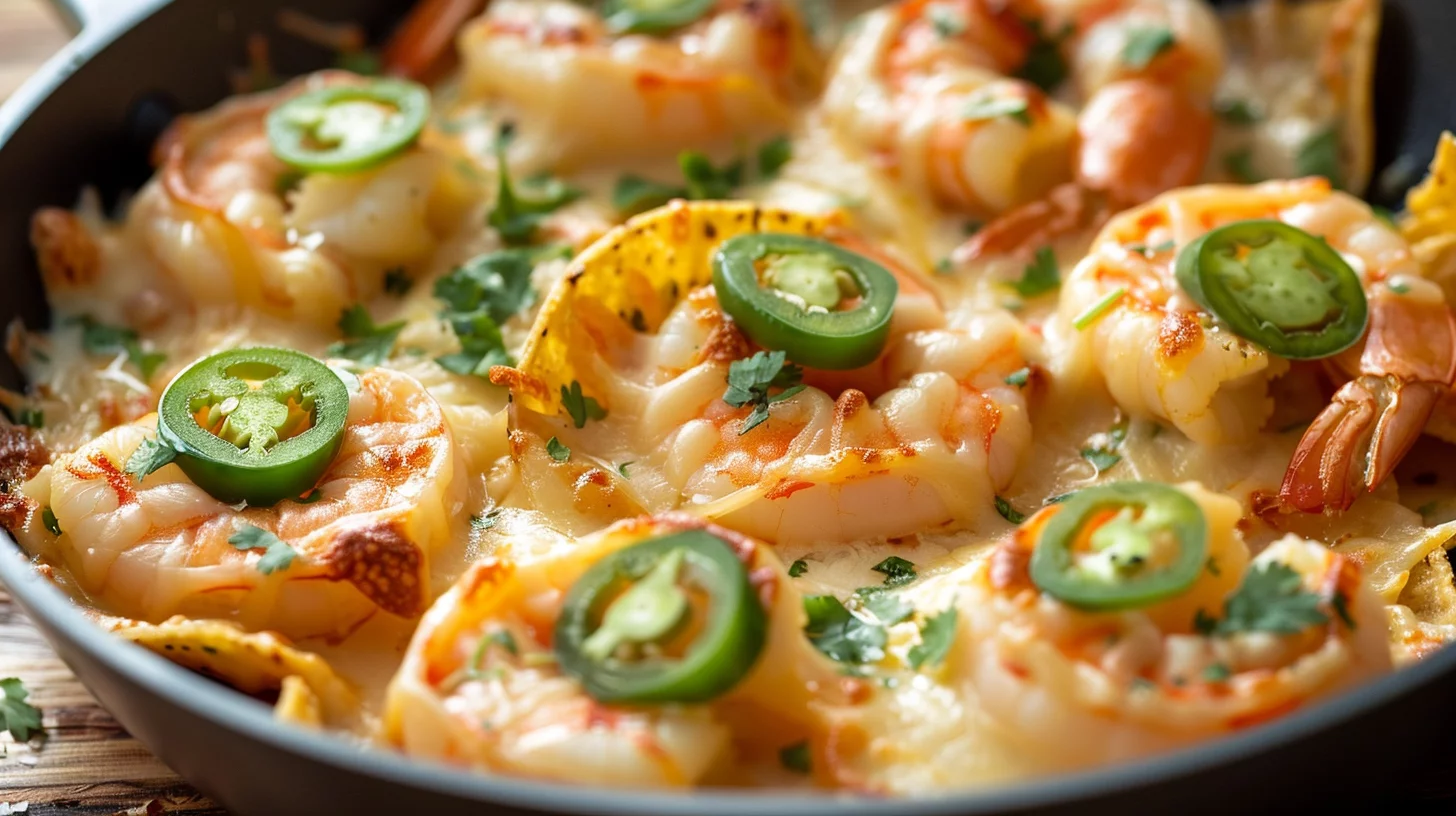 Shrimp Nacho Skillet Swirls With Triple Cheese Topping
