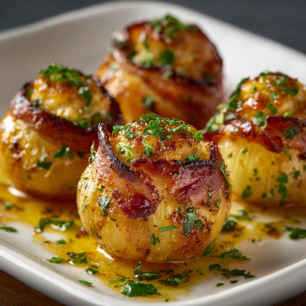 Shrimp-stuffed Onion Bombs Wrapped In Bacon and Cheddar