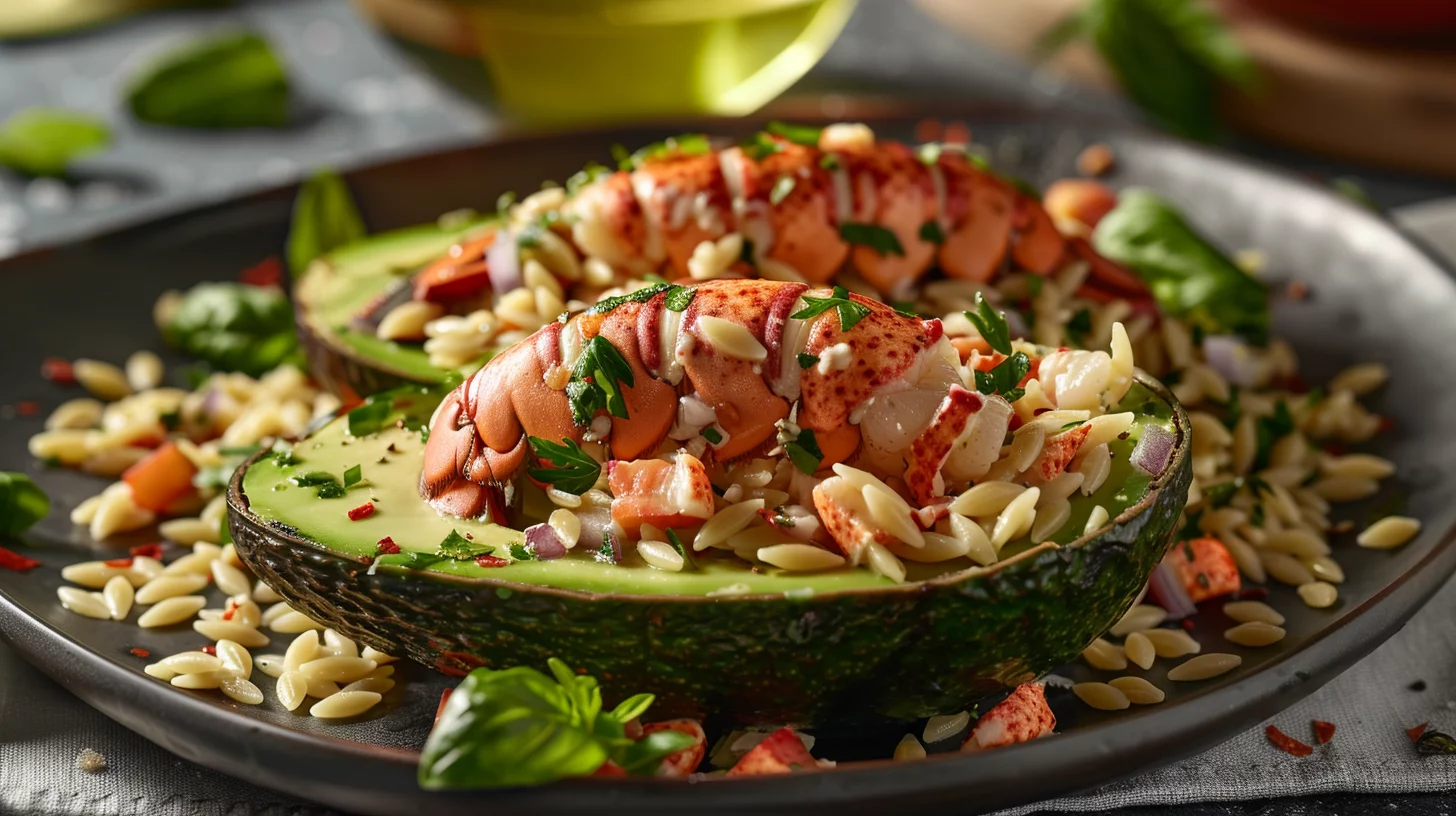 Avocado Stuffed With Lobster Tail and Orzo Salad