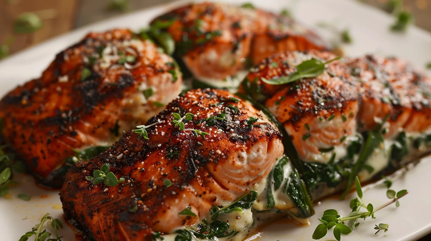 Blackened Salmon Stuffed With Spinach and Parmesan Sauce