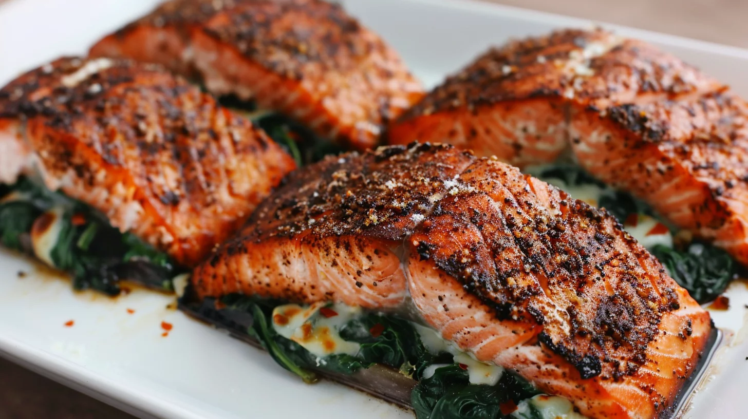 Blackened Salmon Stuffed With Spinach and Parmesan