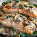 Garlic Butter Salmon With Spinach and Mushrooms In Creamy Sauce