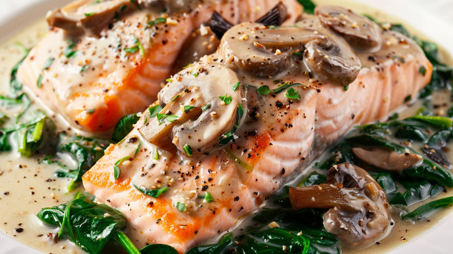 Garlic Butter Salmon With Spinach and Mushrooms In Creamy Sauce