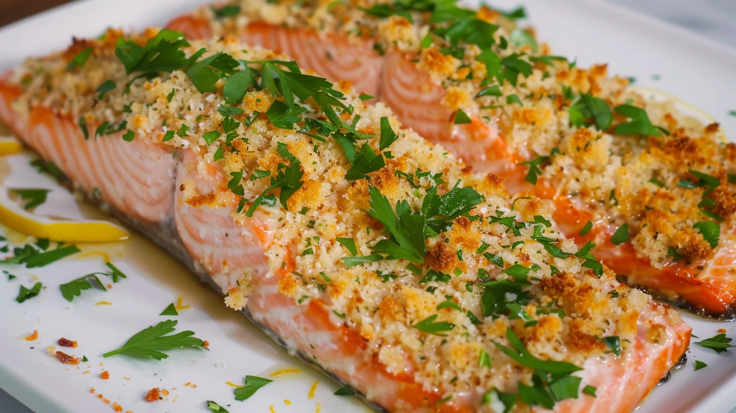 Garlic Knot Salmon With Buttery Breadcrumb Topping