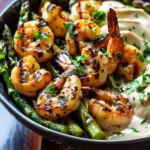 Grilled Shrimp Bowl With Asparagus and Creamy Garlic Sauce