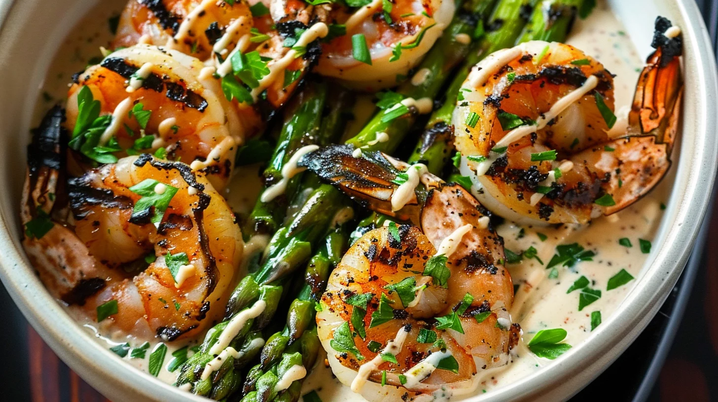 Grilled Shrimp Bowl With Asparagus and Creamy Garlic Sauce