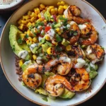 Grilled Shrimp Bowl With Avocado Corn Salsa and Creamy Garlic Sauce