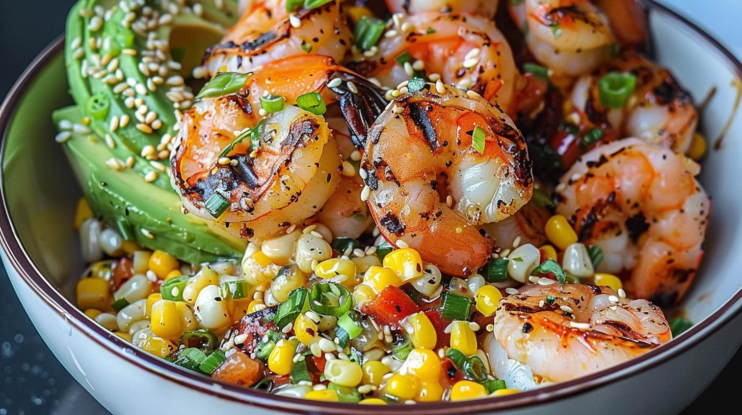 Grilled Shrimp Bowl With Avocado Corn Salsa and Creamy Garlic Sauce