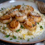 Parmesan Risotto Topped With Lemon Butter Scallops