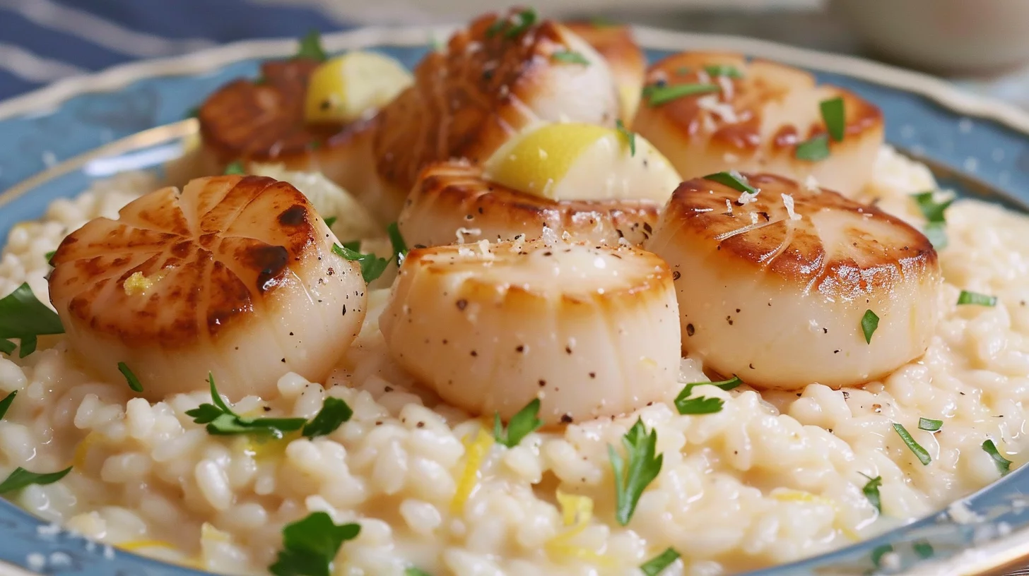 Parmesan Risotto Topped With Lemon Butter Scallops