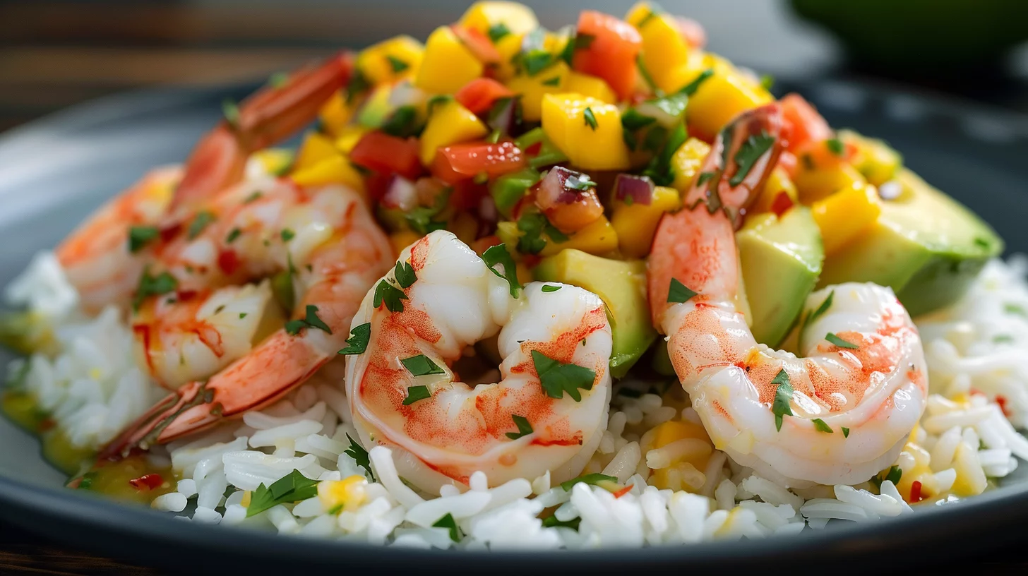 Shrimp and Avocado Bowls With Mango Salsa and Lime-chili Sauce