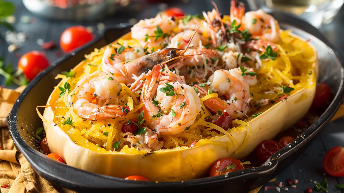 Shrimp and Crab Primavera Pasta Stuffed Squash