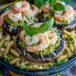 Shrimp Pesto Pasta Stuffed Portobello Mushrooms