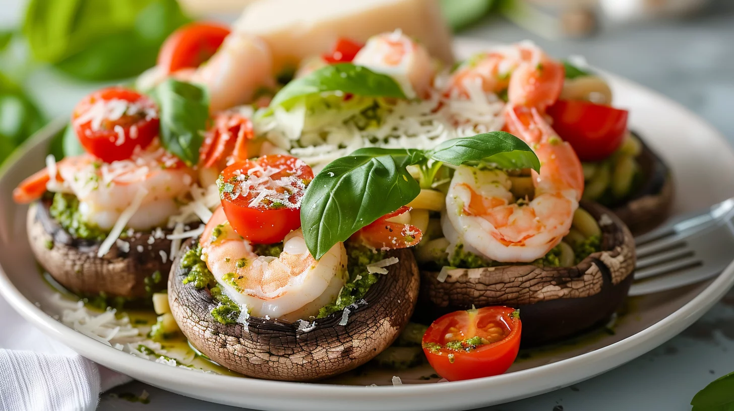 Shrimp Pesto Pasta Stuffed Portobello Mushrooms