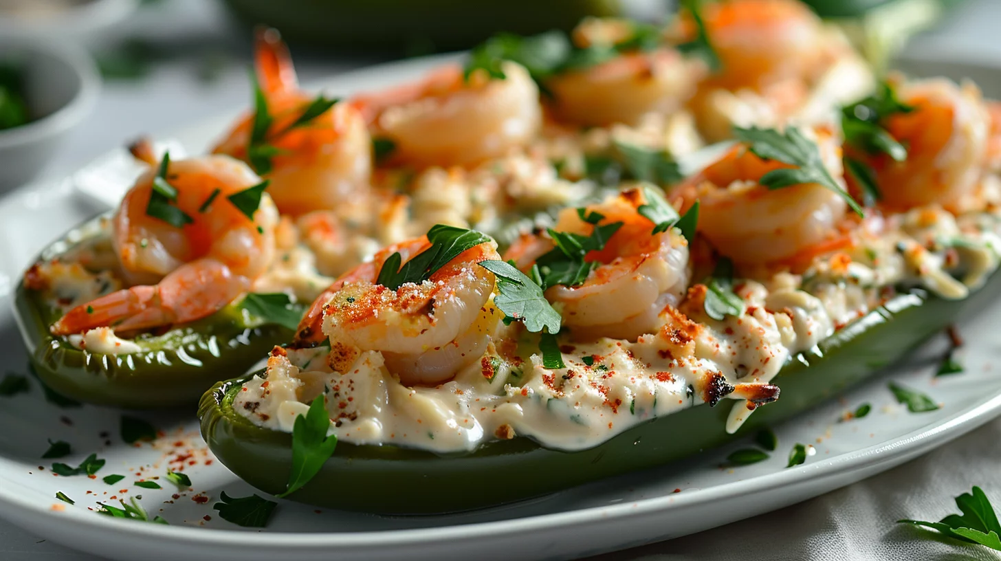 Shrimp Stuffed Jalapeño Garlic Poppers With Alfredo Drizzle