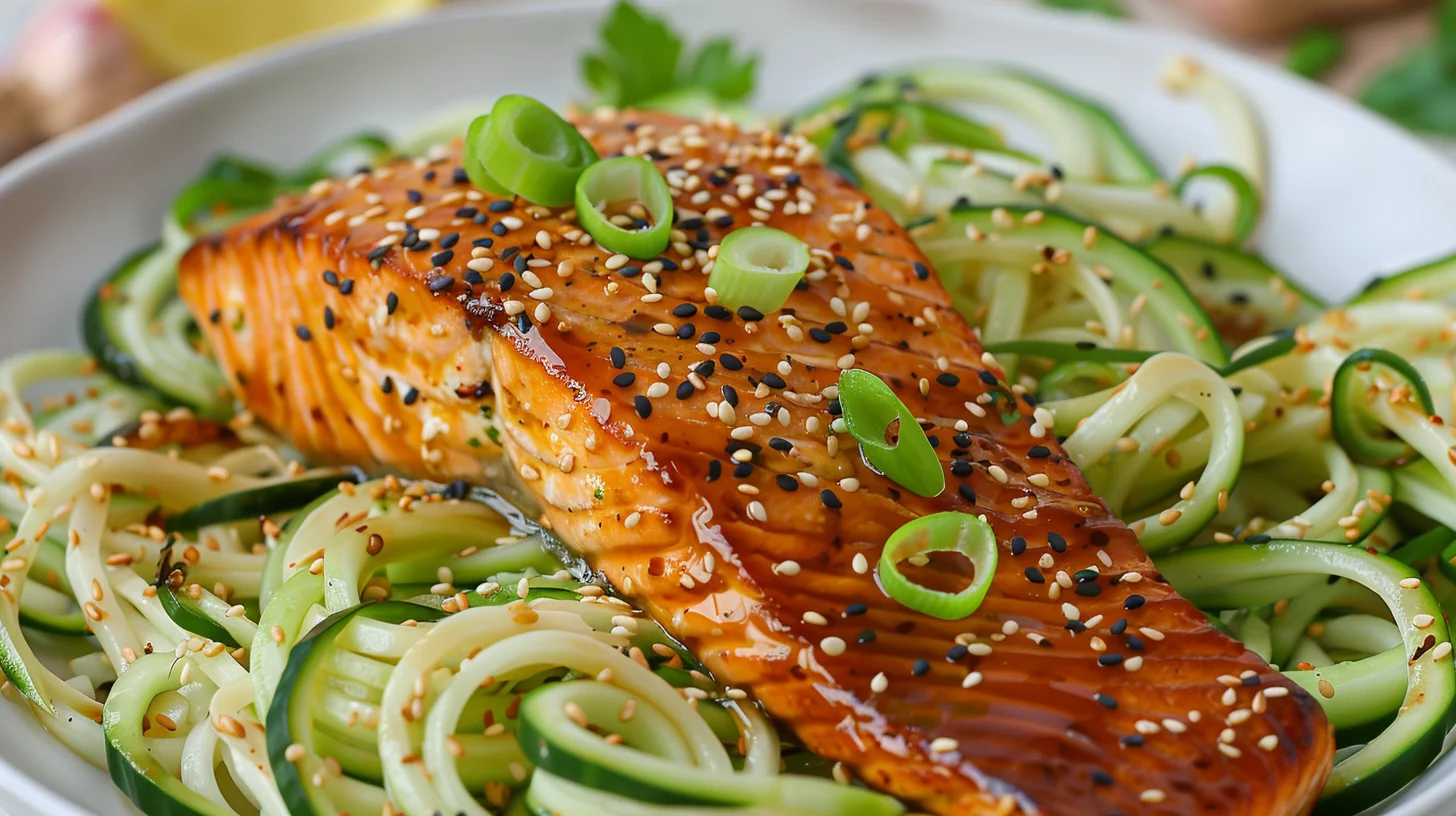Sweet Glazed Korean Salmon Over Sesame Cucumber Noodles