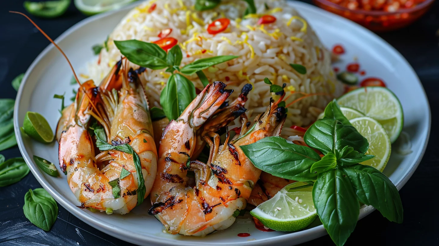 Thai Chili Lemongrass Grilled Shrimp With Sweet Basil and Lime Fried Rice