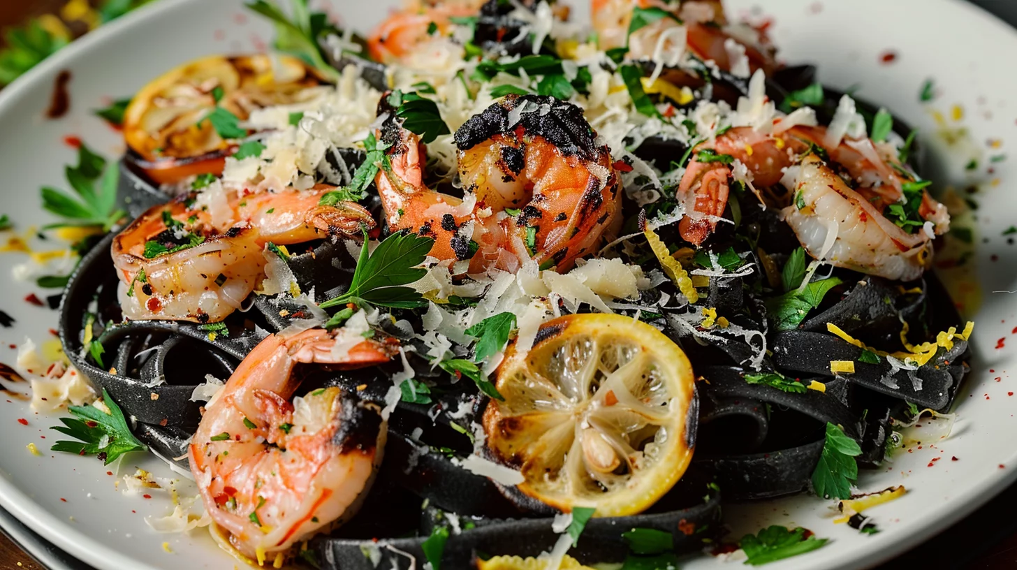 Black Pasta With Shrimp And Charred Lemon
