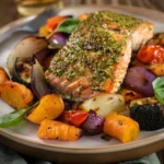 One Pan Pesto Salmon With Roasted Veggies