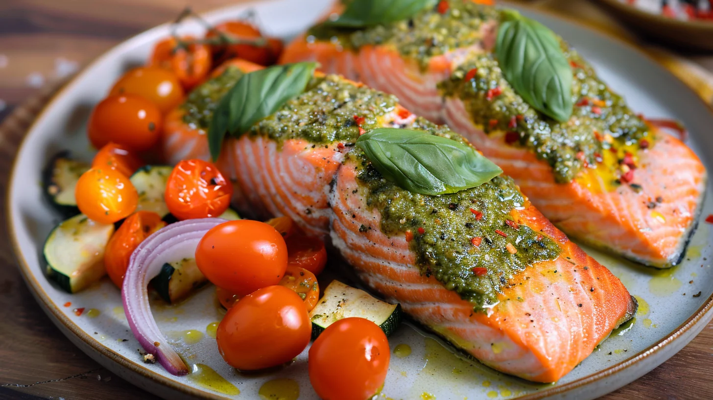 One Pan Pesto Salmon With Roasted Veggies