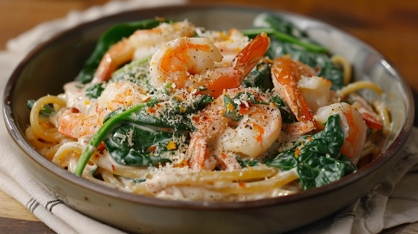 Shrimp Pasta With Spinach and Cream Sauce