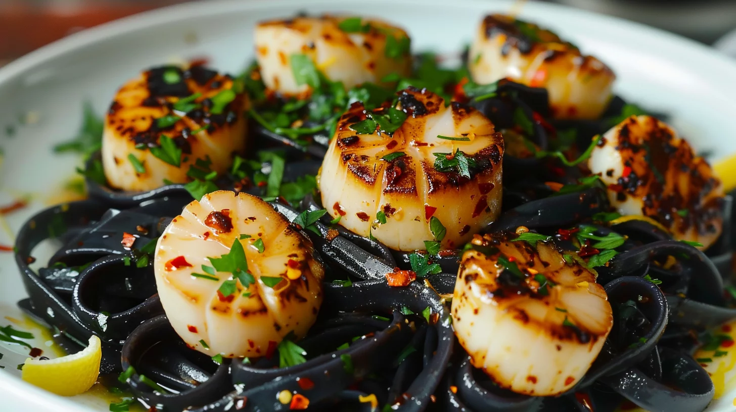 Squid Ink Pasta With Chili Scallops