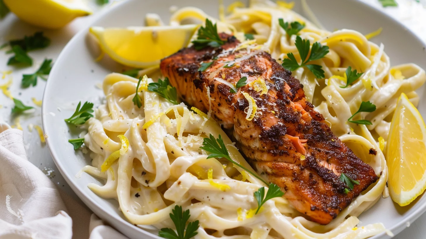 Weeknight Blackened Salmon Alfredo Pasta