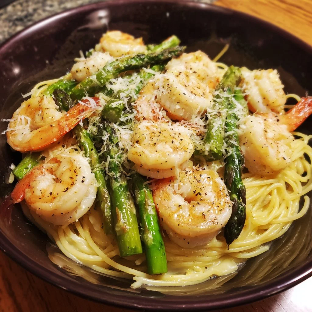 Delicious asparagus shrimp angel hair pasta garnished and served on a plate