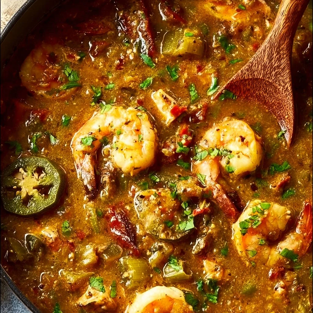 Bowl of Authentic Cajun Seafood Gumbo topped with herbs and spices.