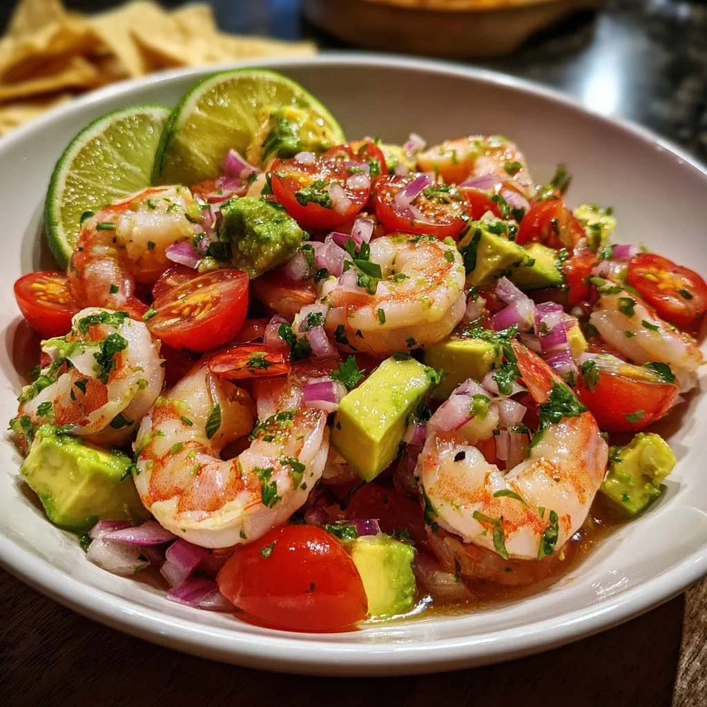 Delicious avocado shrimp ceviche served with lime and cilantro