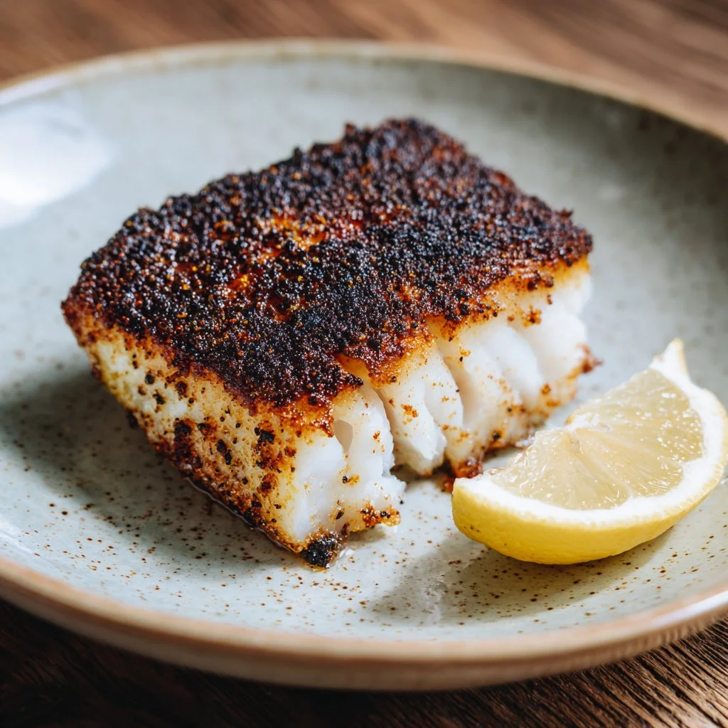 Plated baked blackened cod garnished with herbs and lemon slices