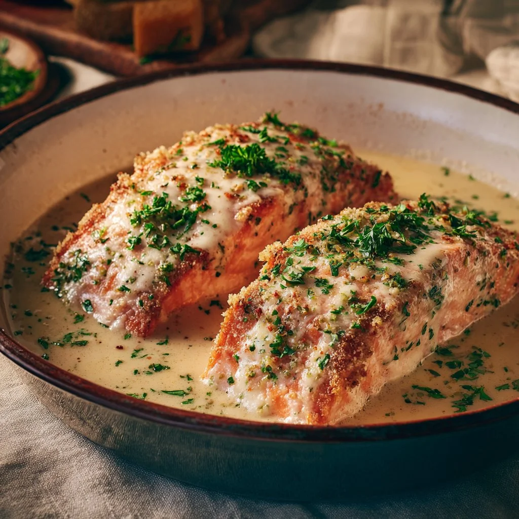Baked Boursin Salmon topped with herbs and served on a plate