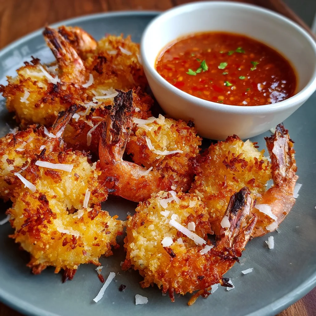 Crispy Baked Coconut Shrimp with Sweet Chili Mayo on a plate