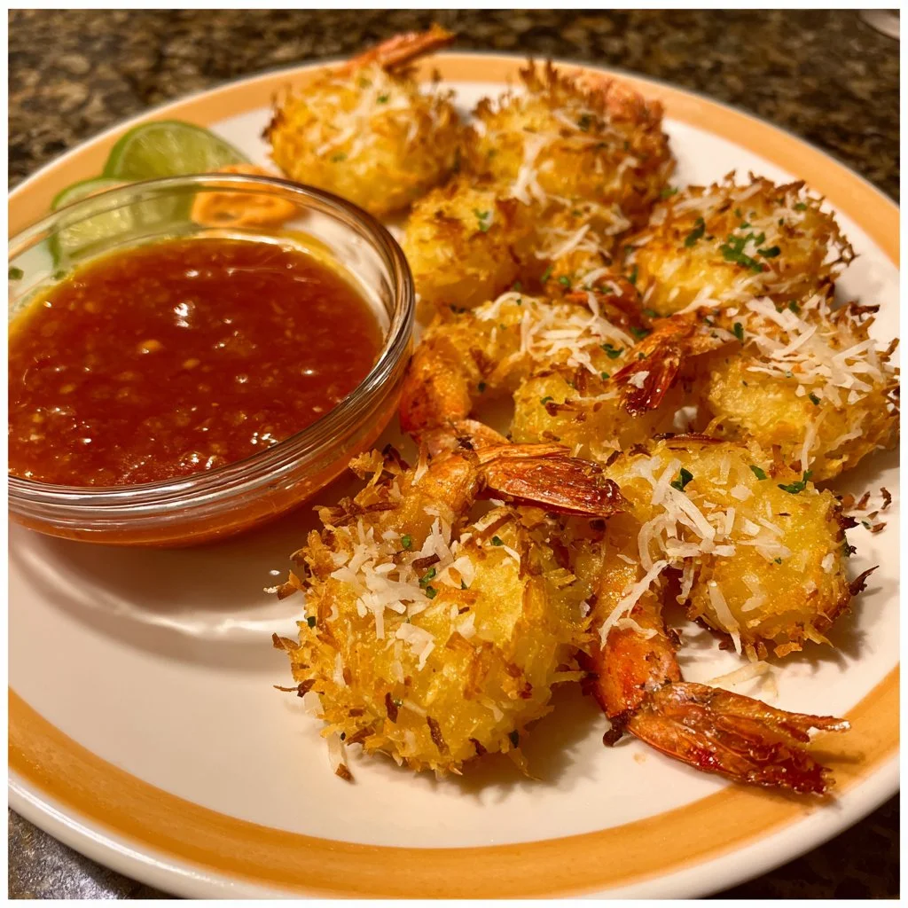 Baked coconut shrimp with sweet chili mayo dipping sauce on a plate