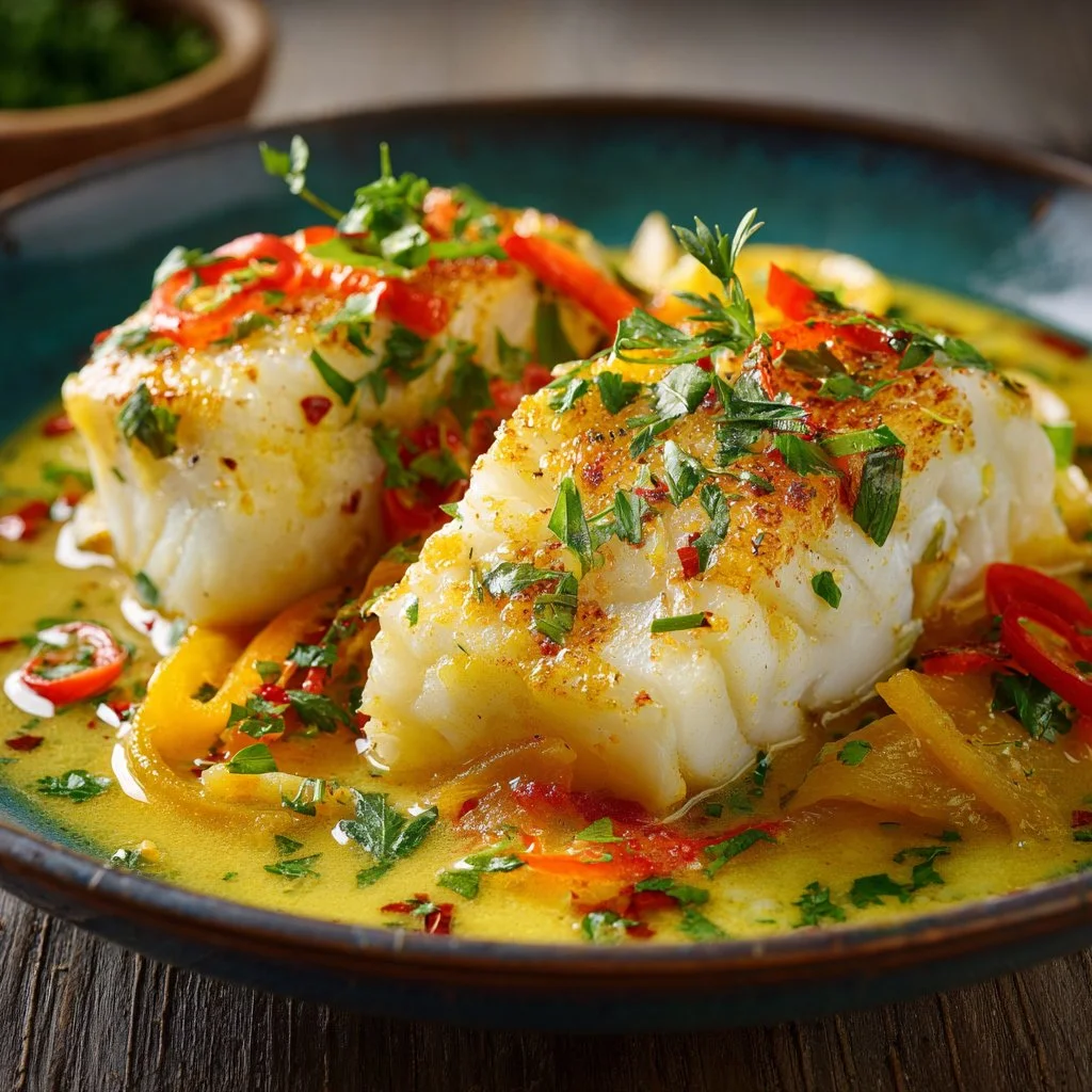 Baked cod with coconut and lemon served on a plate