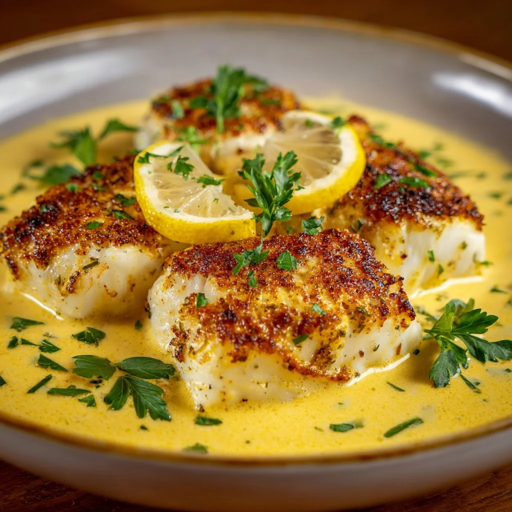 Baked Cod fillets served with Coconut Lemon Cream Sauce on a plate