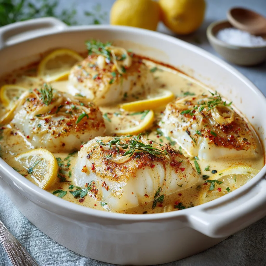 Baked cod fillets served in coconut lemon cream sauce for a tasty meal.